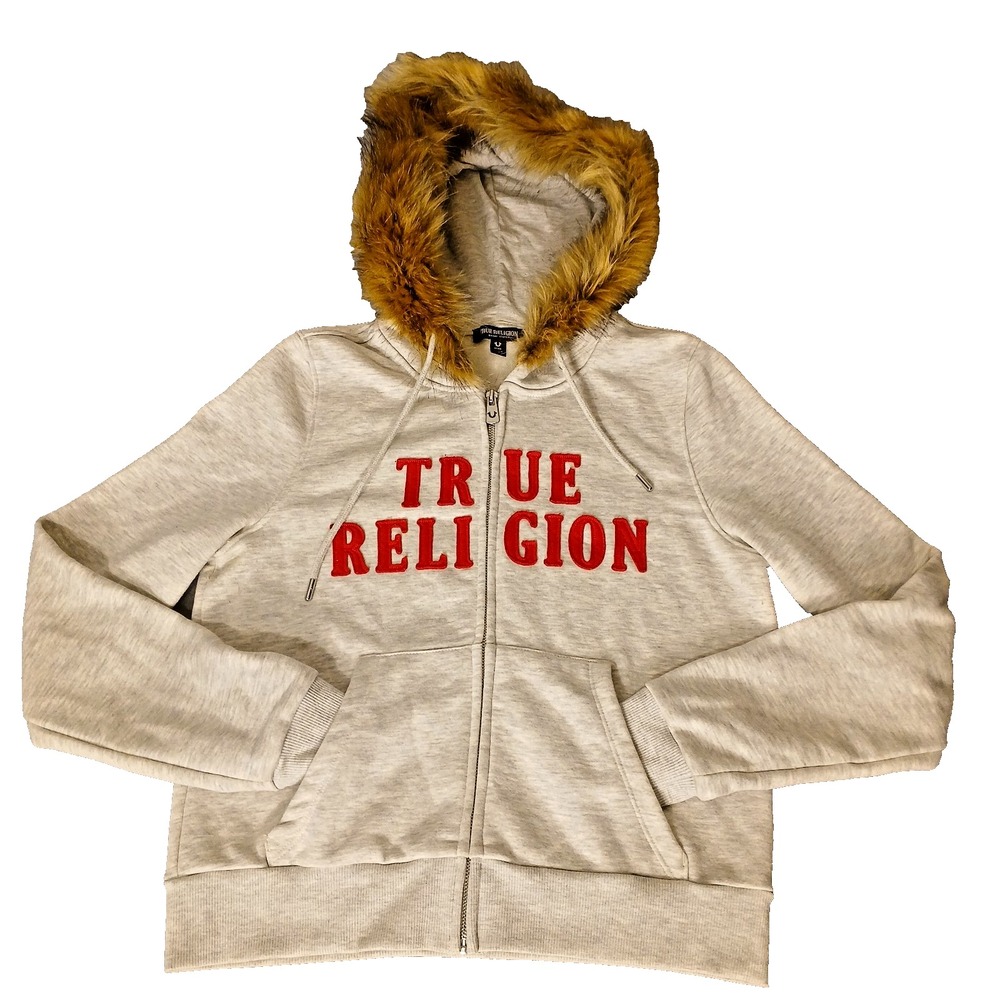 true religion Hoodie fur trim Classic Logo Full Zip Sweatshirt Womens Gray M